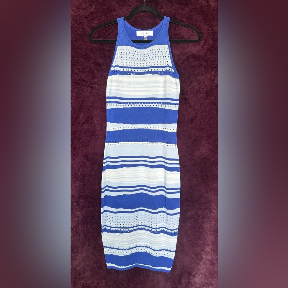 John + Jenn Blue and White Striped Bodycon Midi Dress- D58